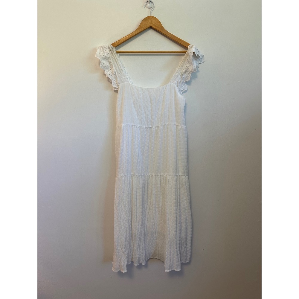 Lush White Eyelet Flutter Sleeve Tiered Midi Dress | Size Small